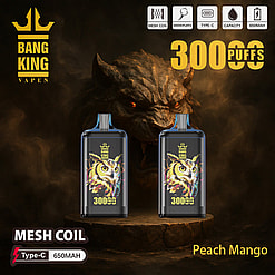 Promotional Image For Bang King Vapen's Peach Mango Vape With 30000 Puffs, Showing Two Devices Featuring An Owl Design, Alongside Product Specifications Like Mesh Coil, Type-C Charging, And 650Mah Capacity, Set Against A Dark Background With A Menacing Creature Silhouette.