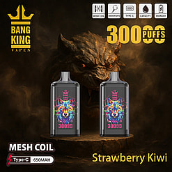 Promotional Image For Bang King Vapen Featuring Two Disposable Vape Devices With A Vibrant Wolf Design, Highlighting The Strawberry Kiwi Flavor And Key Features Such As 30000 Puffs, Mesh Coil, Type-C Charging, And 650Mah Capacity, Set Against A Dramatic Background With A Dark Creature Silhouette.