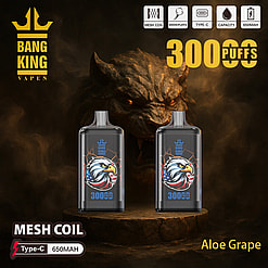 Promotional Image For Bang King Vapen Featuring Two E-Cigarette Devices With An Eagle Design, Labeled '3000 Puffs' And Flavor 'Aloe Grape,' Set Against A Dramatic Background With A Creature's Head Visible.
