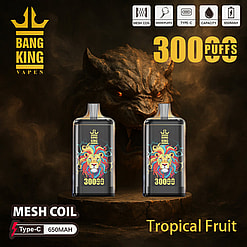 Promotional Image Displaying Two Bang King Vapen Devices With Vibrant Lion Designs, Offering 30000 Puffs With Tropical Fruit Flavor, Set Against A Dark, Dramatic Background Featuring A Menacing Creature.