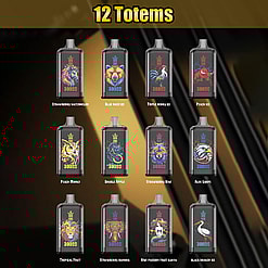 A visual display of 12 vape designs labeled "12 Totems," showcasing various flavors including Strawberry Watermelon, Blue Razz Ice, Triple Berry Ice, Peach Ice, Peach Mango, Double Apple, Strawberry Kiwi, Aloe Grape, Tropical Fruit, Strawberry Bahama, Kiwi Passion Fruit Guava, and Black Dragon Ice, each adorned with vibrant totem-themed artwork.