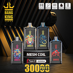Advertisement showcasing four Bangking Crystal 30000 vape devices with vibrant artistic designs featuring a lion, a dragon, a wolf, and a bull, highlighting features like 3000 puffs, mesh coil technology, and a 650mAh rechargeable battery.