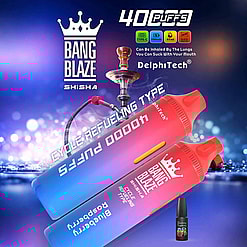 Promotional Image Featuring Bang Blaze Shisha Smoking Device And Accessories, Highlighting Cycle Refueling Type, 40 Puffs Capacity, And Various Specifications Against A Colorful Background.