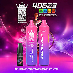 Promotional Image For Bang Blaze Shisha With Cherry Blossom Grape Flavor. Features Two Colorful Devices Alongside A Flavor Bottle, Highlighting '4000 Puffs' And 'Cycle Refueling Type' Amidst A Vibrant Purple And Red Background With Hookah Illustration.