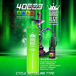 Promotional Image Showcasing The Bang Blaze Shisha Disposable Vaping Device With Double Apples Flavor, Alongside A Liquid Refill Bottle And A Traditional Hookah, Set Against A Green Illuminated Background.
