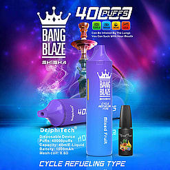 Promotional Image Displaying Bang Blaze Shisha, A Disposable Mixed Fruit-Flavored Vaping Device, Alongside A Refill Bottle, Featuring A Blue-Themed Design With Product Highlights And Specifications, Including 40,000 Puffs And A 1000Mah Battery.