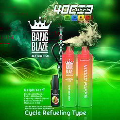 Promotional Image For The Bang Blaze Disposable Vape Showcasing Watermelon Flavor, Featuring Specifications Like 40,000 Puffs, 40Ml E-Liquid Capacity, And 1000Mah Battery, Displayed Alongside A Shisha Pipe On A Green Background With Vapor Effects.