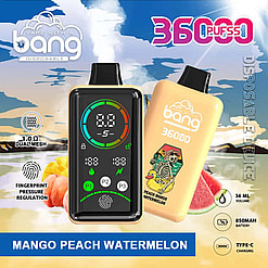 36,000 パフ、指紋圧力調節、マンゴーピーチスイカ風味を特徴とする使い捨て Vape デバイスの製品広告。