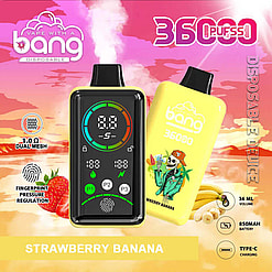 ストロベリーバナナ味のA Bang使い捨てベイプデバイスのプロモーション画像。3,600回の吸引回数、1.0Ωデュアルメッシュ、850mAhバッテリー、36ml容量、独自の指紋圧力調整機能などの製品詳細が、鮮やかなトロピカルな背景に表示されています。