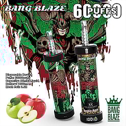 Promotional Image Of The Bang Blaze Double Apple Flavored Disposable Vape Device Featuring 6000 Puffs, With Vivid Designs Of Demon-Like Illustrations On The Packaging And Detailed Product Specifications Displayed Beside The Device.