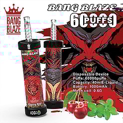 Promotional Image For The Bang Blaze Disposable Vape Device Featuring A Red And Black Themed Design Labeled 'Cherry Mint' With Specifications Including 60,000 Puffs, 40Ml E-Liquid, 1000Mah Battery, And 0.6Ω Mesh Coil. Decorative Elements Include Cherries And Mint Leaves.