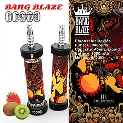 Image Showing Two Bang Blaze Disposable Vaping Devices With Artistic Designs And Details Such As 60000 Puffs, 40Ml E-Liquid Capacity, 1000Mah Battery, And 0.6Ω Mesh Coil. Flavor Is Strawberry Kiwi, Depicted Alongside Fresh Strawberries And Kiwis.