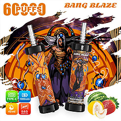 Image Of Two Bang Blaze Vaping Devices With Decorative Designs, Advertising Features Like 6000 Puffs, 40Ml Capacity, And Flavors Including Watermelon Strawberry Melon, Against A Stylized Illustration Of A Mythical Character In An Orange-Themed Background.