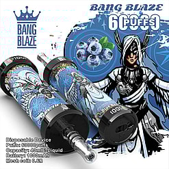 Disposable Vape Device Featuring A Fantasy-Themed Angelic Warrior Design, Blueberry Flavor Visuals, And Key Specifications Such As 60000 Puffs, 40Ml E-Liquid Capacity, 1000Mah Battery, And 0.6Ω Mesh Coil Displayed.