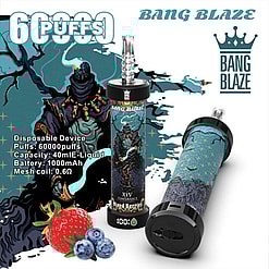 Promotional Image For The Bang Blaze Disposable Vape Device, Featuring Its Mixed Berries Flavor, Capacity Of 60000 Puffs, A 1000Mah Battery, And A 0.6Ω Mesh Coil, Depicted With Artistic Packaging And Berry Illustrations.
