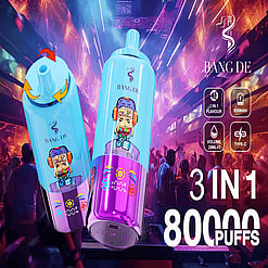 Promotional Image For Bang De Vape, Featuring Two Colorful Devices And Branding Details, Set Against A Vibrant Nightclub Backdrop.