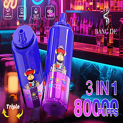 Promotional Image Showcasing Two Bang-De Branded Vaping Devices With A Neon-Lit Bar Backdrop, Highlighting Features Such As '3 In 1 Flavor,' '80000 Puffs,' And 'Type-C Charging.'