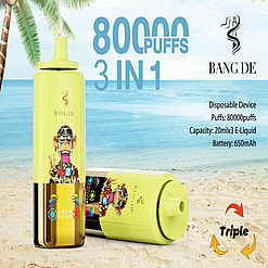 Promotional Image Of A Bang De Disposable Vape Device, Featuring A Colorful Design With A Monkey Illustration, Highlighted Specifications Including 80,000 Puffs, 20Ml X3 E-Liquid Capacity, And 650Mah Battery On A Beach Background.