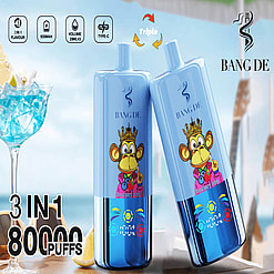 Promotional Image For Bang De Vape Devices Featuring Two Blue Units With A Cartoon Monkey Character And Crown Design, Accompanied By Product Specifications Including 3-In-1 Flavor, 650Mah Battery, And 800000 Puffs Capacity.