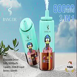 A Promotional Image Featuring Two Bang De Disposable Vaping Devices With A Mint Green Top And Metallic Bottom, Displaying A Cartoon Bird Character Design. Specifications Include 80,000 Puffs, 20 Ml × 3 E-Liquid Capacity, 650 Mah Battery, And “3-In-1” Flavor Functionality.