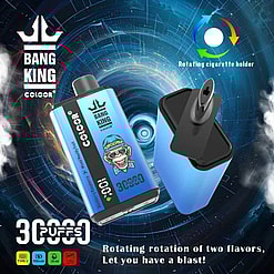 Reklambild som visar en Bang King 30000-vapeenhet med 30 000 bloss, som visar dess roterande cigaretthållare mot en abstrakt blå bakgrund, med text som framhäver dess rotationsfunktion med två smaker.