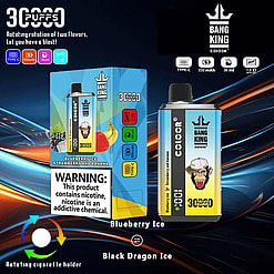 Promotional Display Showcasing Bang King Color Disposable Vape With Rotating Flavors Including Blueberry Ice And Strawberry Banana, Warning Notice About Nicotine's Addictive Properties Included.