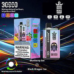 Promotional Image For The Bang King Color Vaping Device Featuring 3000 Puffs, Dual Flavors (Blueberry Ice And Black Dragon Ice), With Detailed Specifications Such As Type-C Charging, 550Mah Battery, And 36Ml Capacity, Against A Dynamic Background.