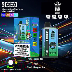 A Promotional Image For The Bang King Color Vape Device Showcasing Its Design, Packaging, Features Such As Two Rotating Flavors, And Technical Specifications, With A Notable Nicotine Warning Displayed Prominently.