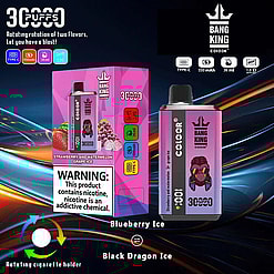 Promotional Image Featuring A Bang King Vape Device And Packaging In Pink, Highlighting Its Dual Flavors, 3,000 Puffs, And Nicotine Warning, With A Rotating Flavor Design Illustrated Below.