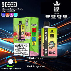 Promotional Image Of Bang King Color Vaping Product Featuring Strawberry Kiwi Peach Ice Flavor With Specifications Including 550Mah Battery, 36Ml Capacity, And Rotating Flavor Options.