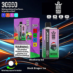 Promotional Image For 'Bang King Color' Vape Showcasing Its Dual-Flavor Rotation System, Highlighting 'Strawberry Kiwi Sour Apple Raspberry' With A Colorful Package Design, Product Specifications, And A Nicotine Warning Label.