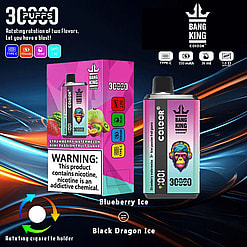 Promotional Image Showcasing The Bang King Color 3000 Puffs Vaping Device With Multiple Flavor Options Including Strawberry Watermelon Kiwi Passion Fruit Guava, Set Against A Dynamic Background And Highlighting Recharge Specifications And A Warning About Nicotine Addiction.