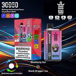 A Bang King Color Vaping Product Display Featuring A Dual-Flavor Rotation In Watermelon Ice And Blueberry Mint, Highlighting 3000 Puffs Capability And A Warning About Nicotine Content.