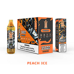 Packaging And Disposable E-Cigarette For Bang King Peach Ice Flavor, Highlighting 35,000 Puffs Capacity And Nicotine Warning.