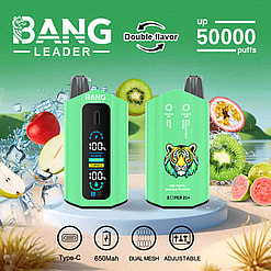 Reklambild med Bang Leader engångsvape-enheter i limegrönt, som visar upp dubbla smakalternativ och specifikationer såsom 650 mAh batteri, dubbel mesh-spole, justerbara inställningar och upp till 50 000 blosskapacitet, med livfulla fruktbilder i bakgrunden.