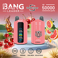 Pink Bang Leader Vape-enhet som marknadsför dubbla smakalternativ, med en färgglad bakgrund med körsbär, cola och fruktskivor, och visade specifikationer som 650 mAh kapacitet, justerbara dubbla mesh-spolar och upp till 50 000 puffar.