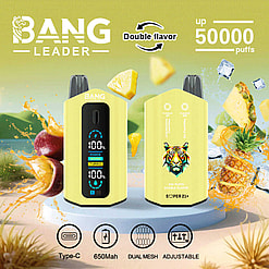 Reklambild för Bang Leader vaping-enhet, som framhäver funktioner som dubbel smak, upp till 50 000 bloss, typ-C-laddning, 650 mAh batteri, dubbel mesh-spole och justerbara inställningar, med ett tropiskt frukttema inklusive ananas- och passionsfruktsgrafik.