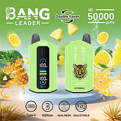 En reklambild som visar upp en grön vape-enhet med dubbla smakinställningar, ett 650 mAh-batteri, justerbara funktioner och upp till 50 000 bloss, omgiven av citrus- och ananasfrukter.