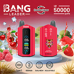En reklam för en vaping-enhet för Bang Leader med röd design, dubbel smakfunktion, kapacitet på 50 000 bloss och laddningsport av typ C. Bakgrunden innehåller bilder av frukt som symboliserar smaker.