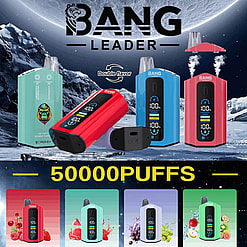 Reklam för Bang Leader 50000 vape-produkter med en mängd olika färgglada vape-enheter, med betoning på 50000 puffs, dubbla smakalternativ och justerbar effekt.