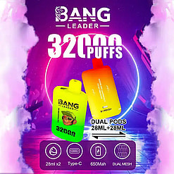 Bang Leader 32000 i livfulla fruktsmaker presenterade mot en färgglad, tonad bakgrund med ananas och blandade frukter i bakgrunden.