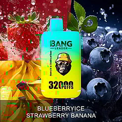 Promotional Image Featuring A Vaping Device Labeled 'Bang Leader' With Flavors Blueberry Ice And Strawberry Banana Overlaid Against A Background Of Fresh Blueberries, Strawberries, And Bananas.