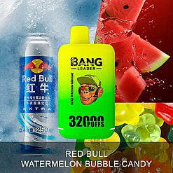 A Red Bull Energy Drink Can And A Bright Green Vape Device Labeled 'Bang Leader' With '32000 Puffs,' Placed Against A Backdrop Of Watermelon Slices And Colorful Gummy Candy. Text Underneath Reads 'Red Bull Watermelon Bubble Candy.'