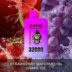 Vape Device Labeled 'Bang Leader' With A Strawberry Watermelon Grape Ice Flavor, Surrounded By Images Of Strawberries, Grapes, And Splashes Of Water.