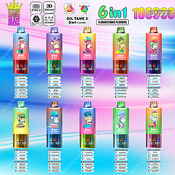 An array of colorful vape devices with cartoon characters, labeled '6 in 1' and featuring 6 adjustable flavors including options like Watermelon, Strawberry Peach, and Raspberry Lemonade on a gradient blue and pink background, with promotional text highlighting features like Type-C charging and 850mAh battery.