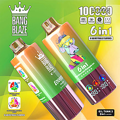 Promotional Image Featuring Two Bang Blaze Vaping Devices Highlighting Features Such As 100,000 Puffs, 6-In-1 Adjustable Flavors, And An Oil Tank With Led Screen; One Device Displays A Monkey Illustration With A Colorful Headband And Sunglasses.