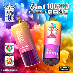Promotional Image For Bang Blaze Vape Devices, Featuring Two Colorful Vape Pens With 6 Adjustable Flavors, A Display Of 100,000 Puffs, Type-C Charging, 850Mah Battery, And An Led Screen; Vibrant Background With Swirling Colors And A Cartoon Character On One Device.