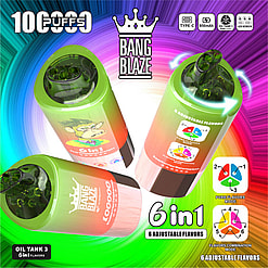 Multi-Colored Vape Device Packaging Labeled Bang Blaze, Featuring Six Adjustable Flavors And 10,000 Puffs With Icons Indicating Features Like A 850Mah Battery And Usb Type-C Compatibility.