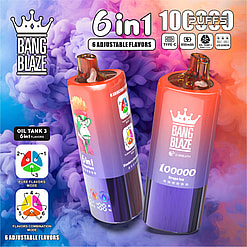 Promotional Image Featuring Two Vibrant Bang Blaze 6-In-1 Vape Devices With 10,000 Puffs, Adjustable Flavors, And An 850Mah Battery, Set Against A Colorful Smoke Background.