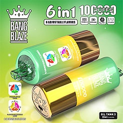 Image Showing The Bang Blaze Vaping Device With 6 Adjustable Flavors And 10,000 Puffs, Featuring A Green And Yellow Gradient Design And Detailed Flavor Modes Chart.